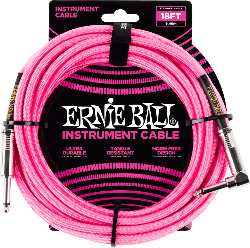 Ernie Ball P06083 Braided 18ft Straight / Angle Instrument Cable 5.49m Droit / Coude Neon Pink - Stimmgerät für Gitarre - Main picture