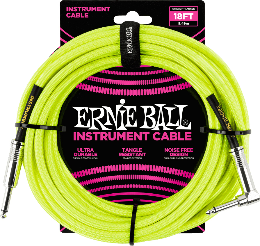 Ernie Ball P06085 Braided 18ft Straight / Angle Instrument Cable 5.49m Droit / Coude Neon Yellow - Stimmgerät für Gitarre - Main picture