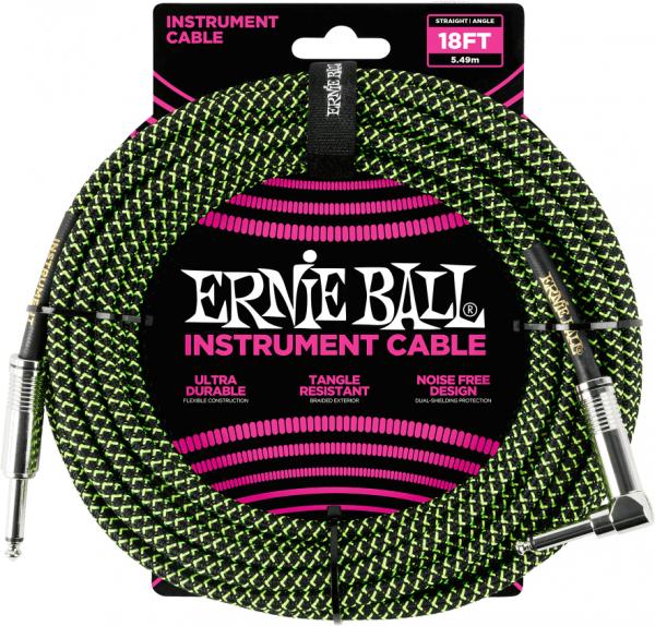 Stimmgerät für gitarre Ernie ball P06082 Braided 18ft Straigth / Angle Instrument Cable - Black & Green