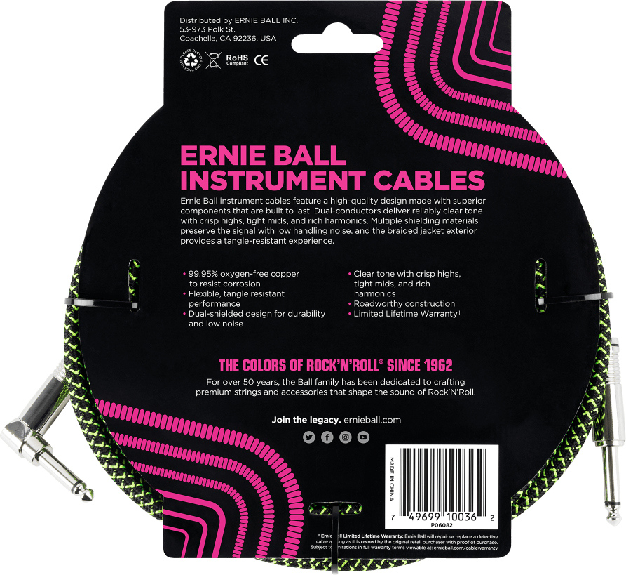 Ernie Ball P06082 Braided 18ft Straight / Angle Instrument Cable 5.49m Droit / Coude Black & Green - Stimmgerät für Gitarre - Variation 1