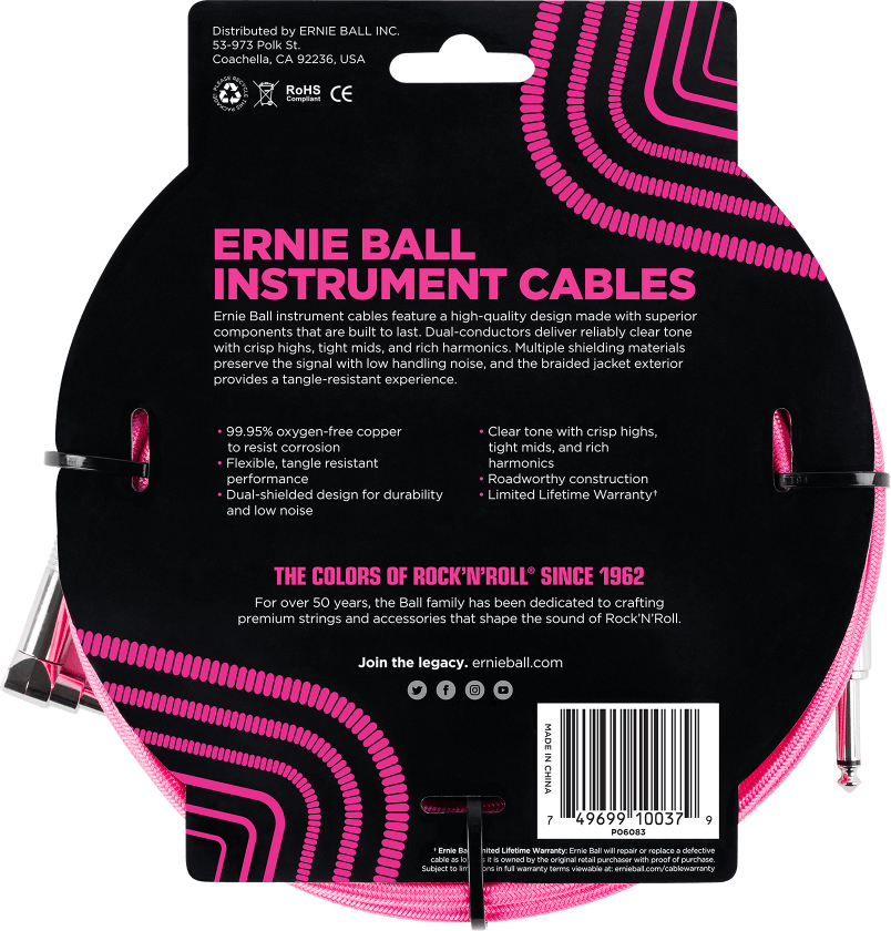 Ernie Ball P06083 Braided 18ft Straight / Angle Instrument Cable 5.49m Droit / Coude Neon Pink - Stimmgerät für Gitarre - Variation 1
