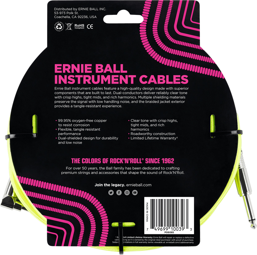 Ernie Ball P06085 Braided 18ft Straight / Angle Instrument Cable 5.49m Droit / Coude Neon Yellow - Stimmgerät für Gitarre - Variation 1