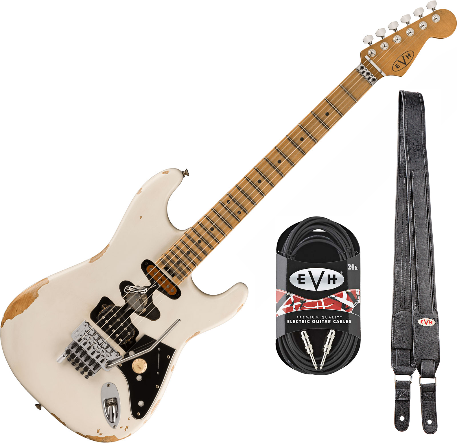 Evh Frankenstein Relic Mex 1h Fr Mn + Premium Cable 42.inc + Premium Strap - White - E-Gitarre in Str-Form - Main picture