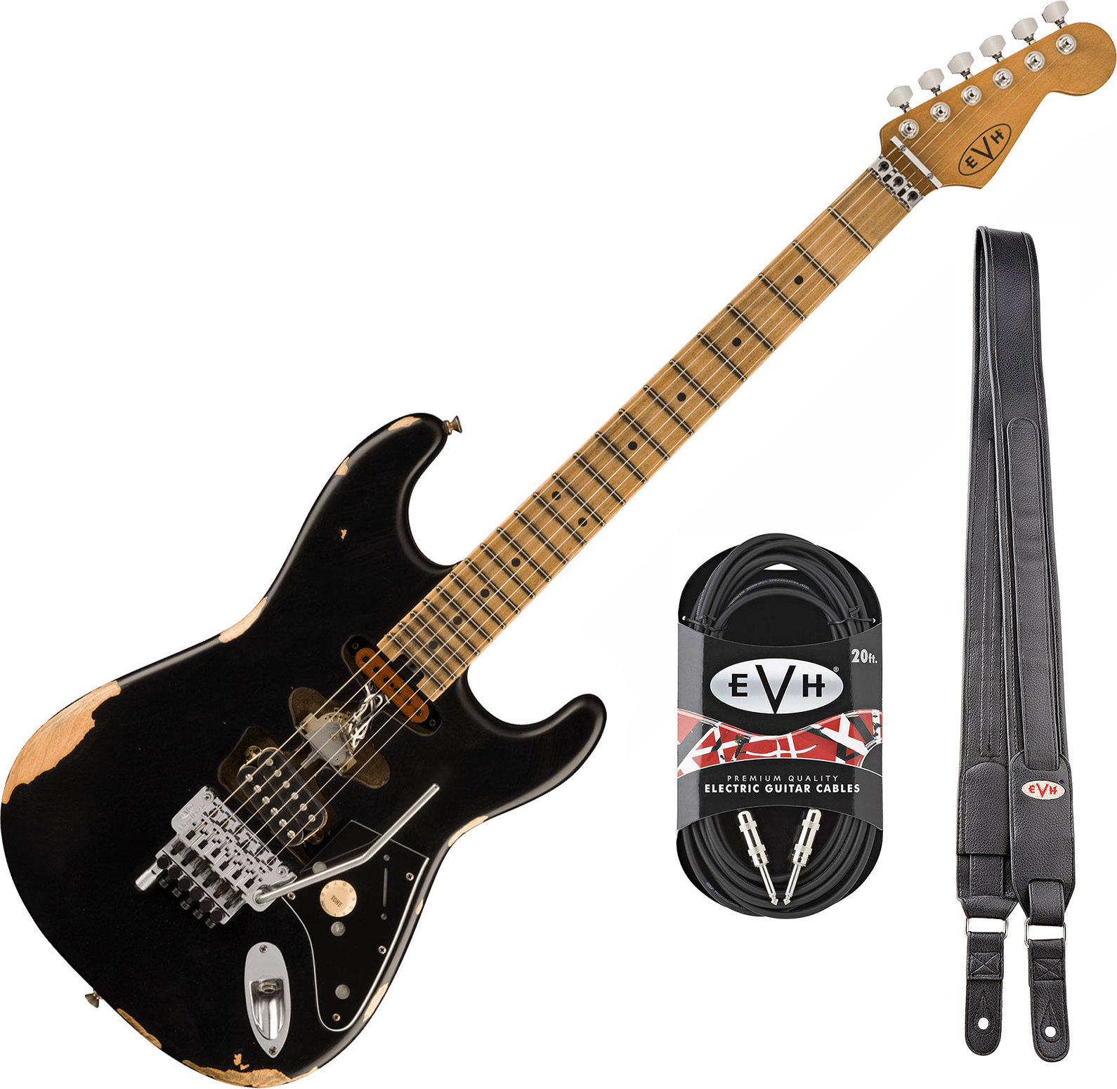 Evh Frankenstein Relic Mex 1h Fr Mn + Premium Cable 42.inc + Premium Strap - Black - E-Gitarre Set - Main picture