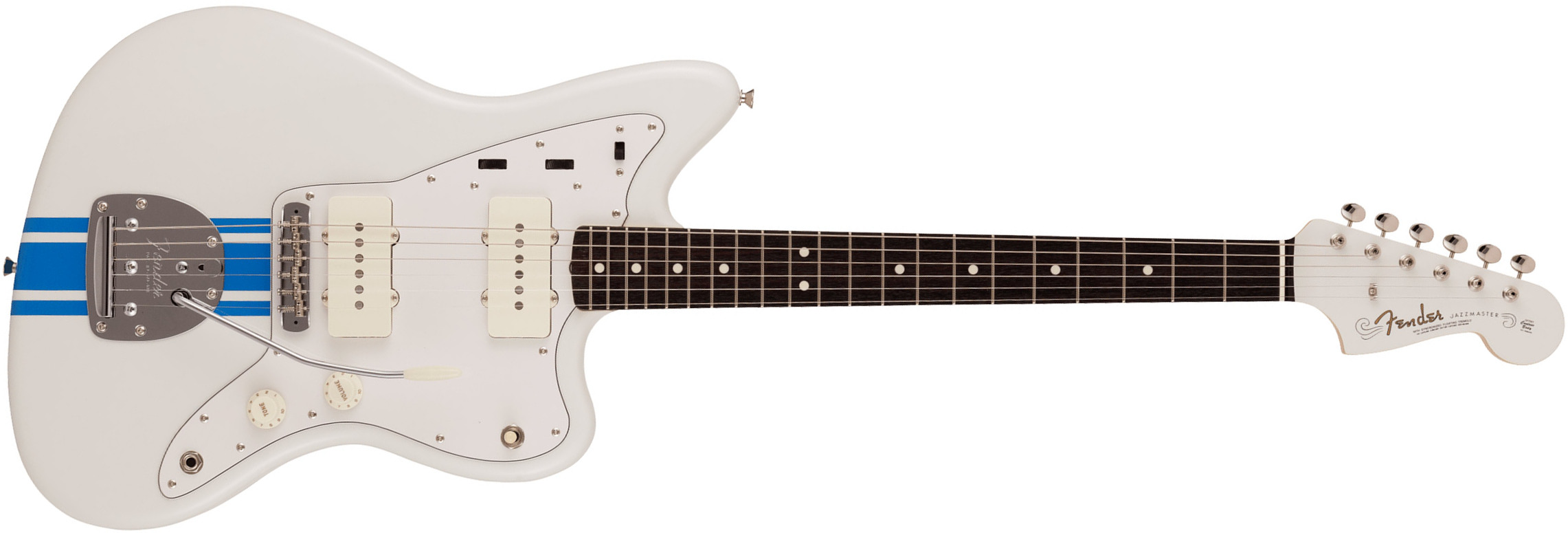 Fender Jazzmaster Traditional 60s Mij Jap 2s Trem Rw - Olympic White W/ Blue Competition Stripe - Retro-Rock-E-Gitarre - Main picture