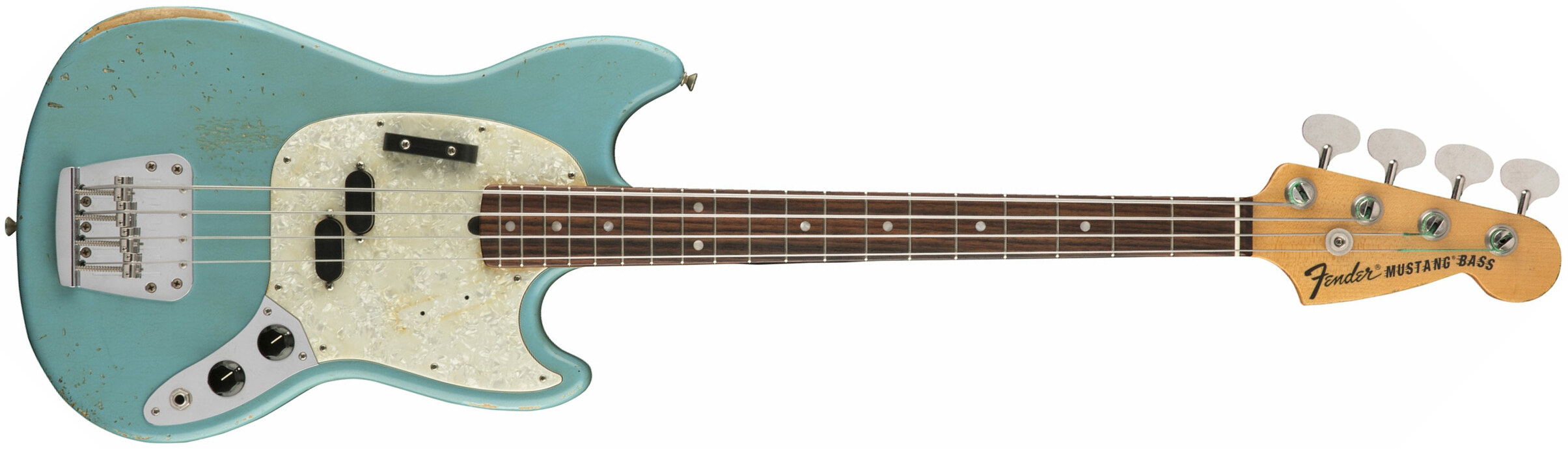 Fender Justin Meldal-johnsen Jmj Mustang Bass Road Worn Mex Rw - Faded Daphne Blue - E-Bass für Kinder - Main picture
