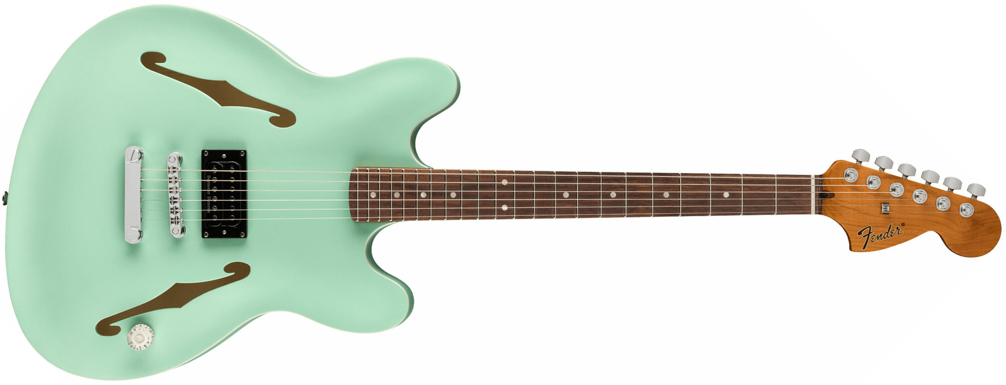 Fender Tom Delonge Starcaster 1h Seymour Duncan Ht Rw - Satin Surf Green - Semi-Hollow E-Gitarre - Main picture