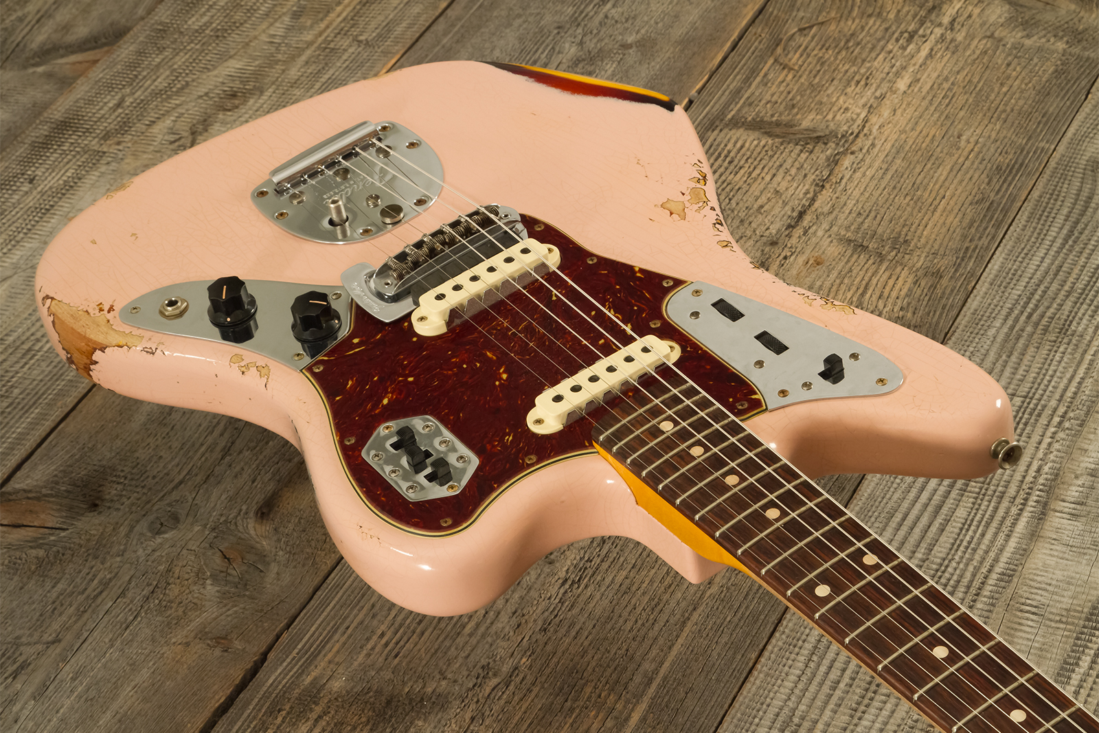Fender Custom Shop Jaguar 1962 Shsc 2s Trem Rw #r141280 - Heavy Relic Shell Pink O. 3-color Sunburst - Retro-Rock-E-Gitarre - Variation 2
