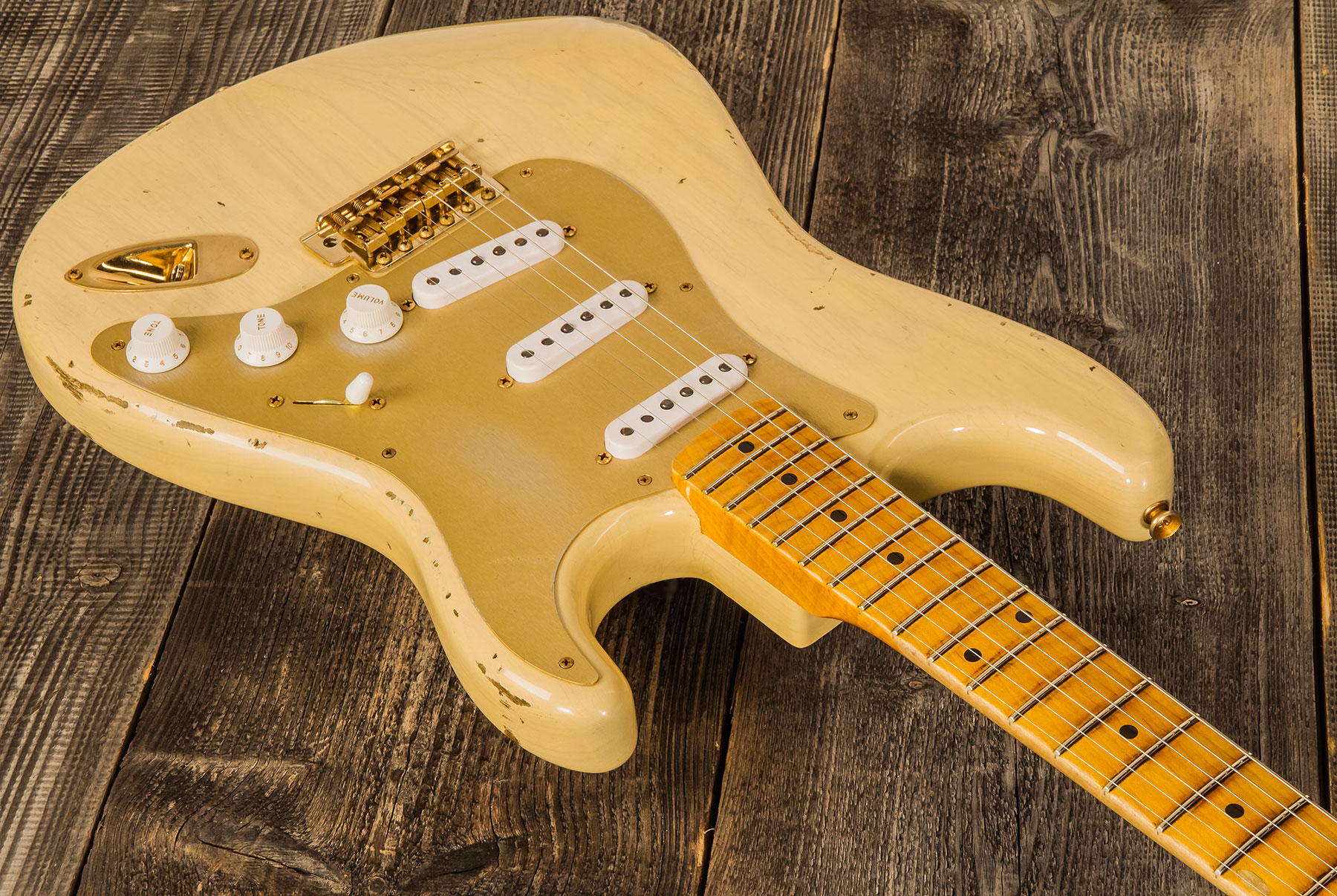 Fender Custom Shop Strat 1955 Bone Tone Usa 3s Trem Mn #cz554628 - Relic Honey Blonde W/ Gold Hardware - E-Gitarre in Str-Form - Variation 1