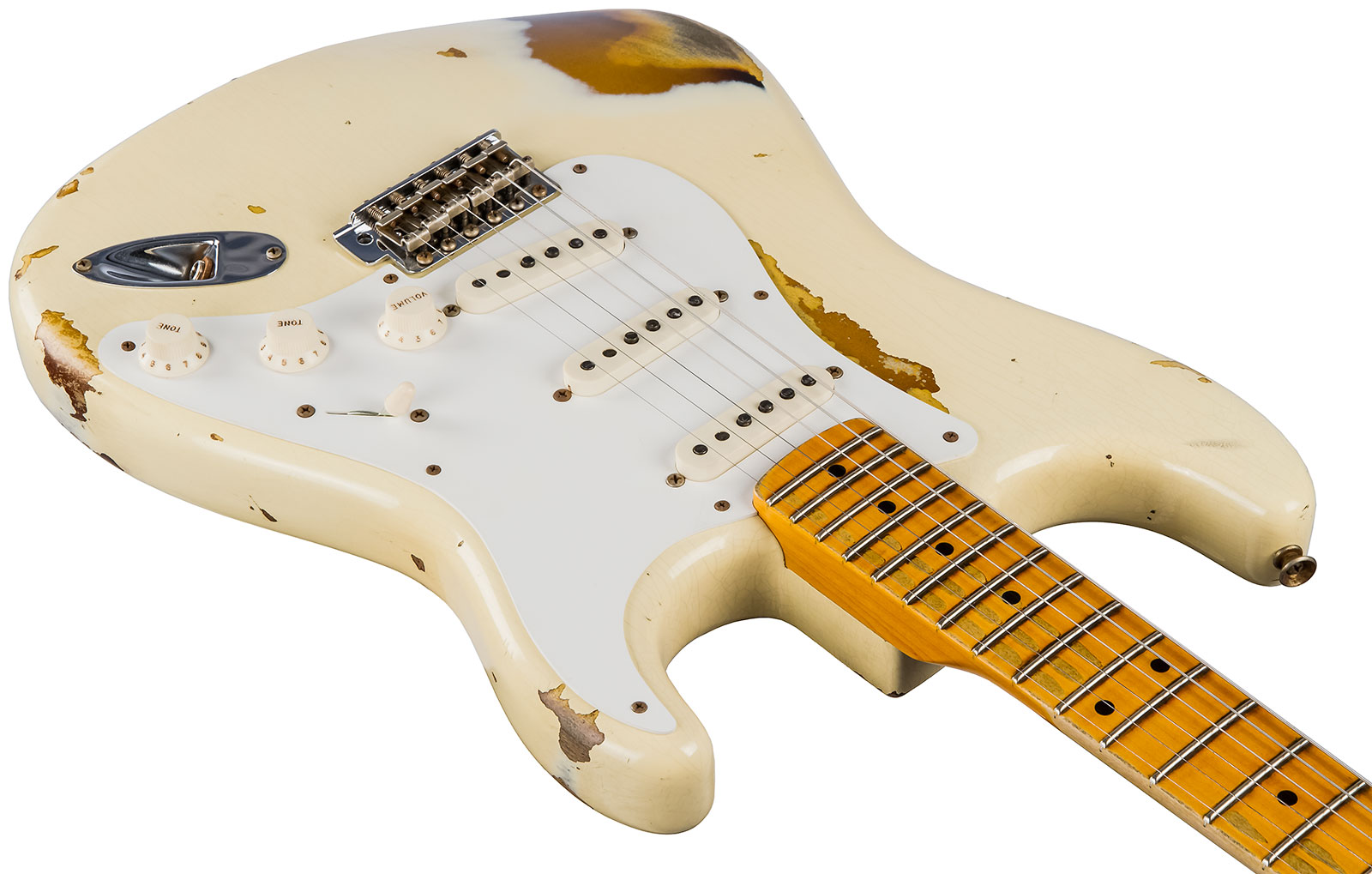 Fender Custom Shop Strat 1956 3s Trem Mn #cz550419 - Heavy Relic Vintage White Over Sunburst - E-Gitarre in Teleform - Variation 2