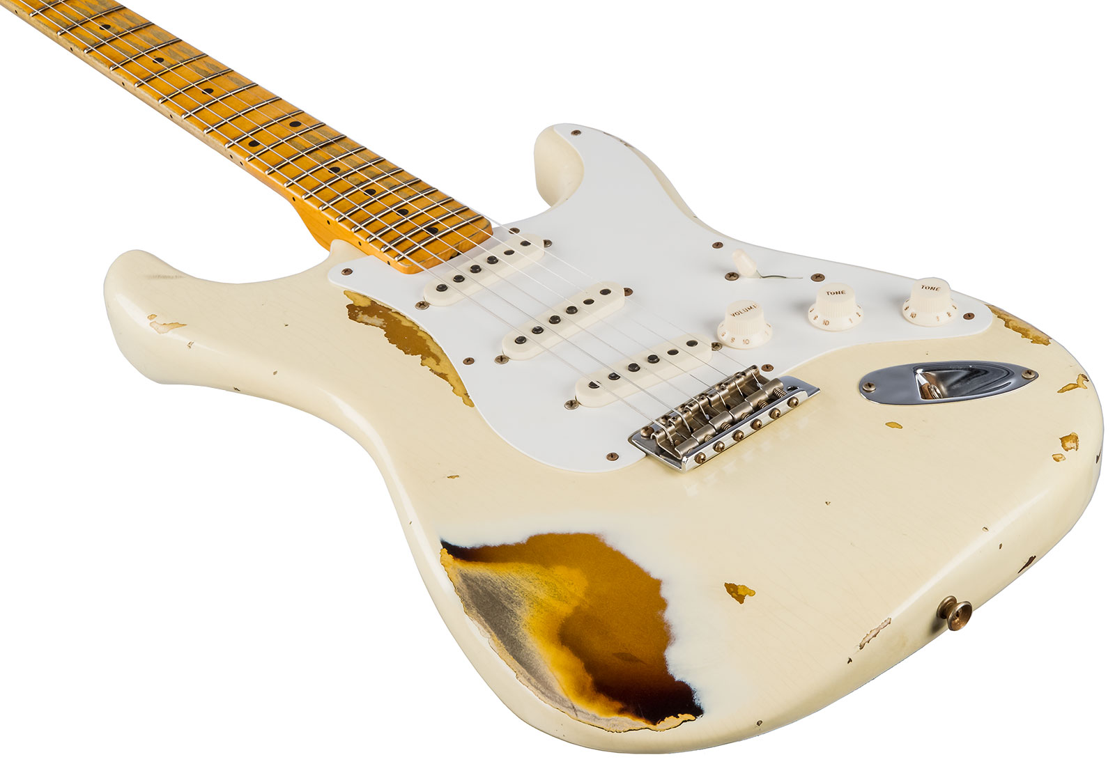 Fender Custom Shop Strat 1956 3s Trem Mn #cz550419 - Heavy Relic Vintage White Over Sunburst - E-Gitarre in Teleform - Variation 3