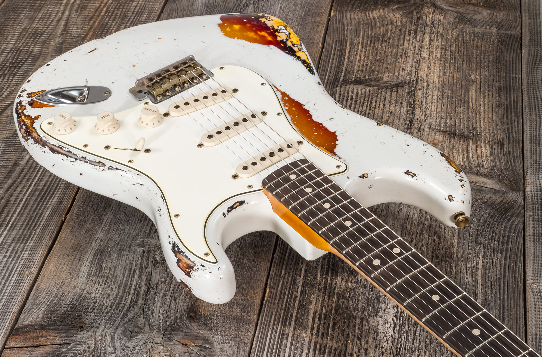 Fender Custom Shop Strat 1963 Masterbuilt K.mcmillin Bla #r117544 - Ultimate Relic Olympic White/3-color Sunburst - E-Gitarre in Str-Form - Variation 