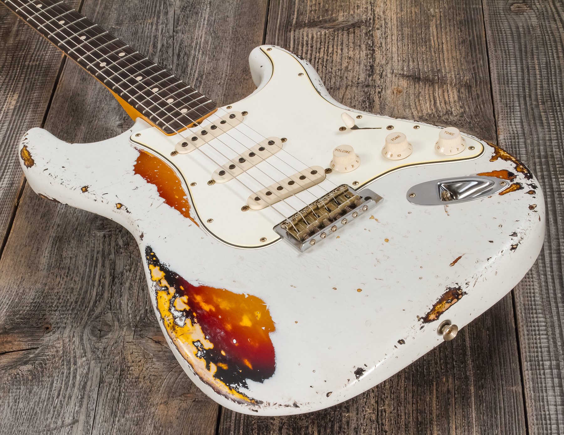 Fender Custom Shop Strat 1963 Masterbuilt K.mcmillin Bla #r117544 - Ultimate Relic Olympic White/3-color Sunburst - E-Gitarre in Str-Form - Variation 