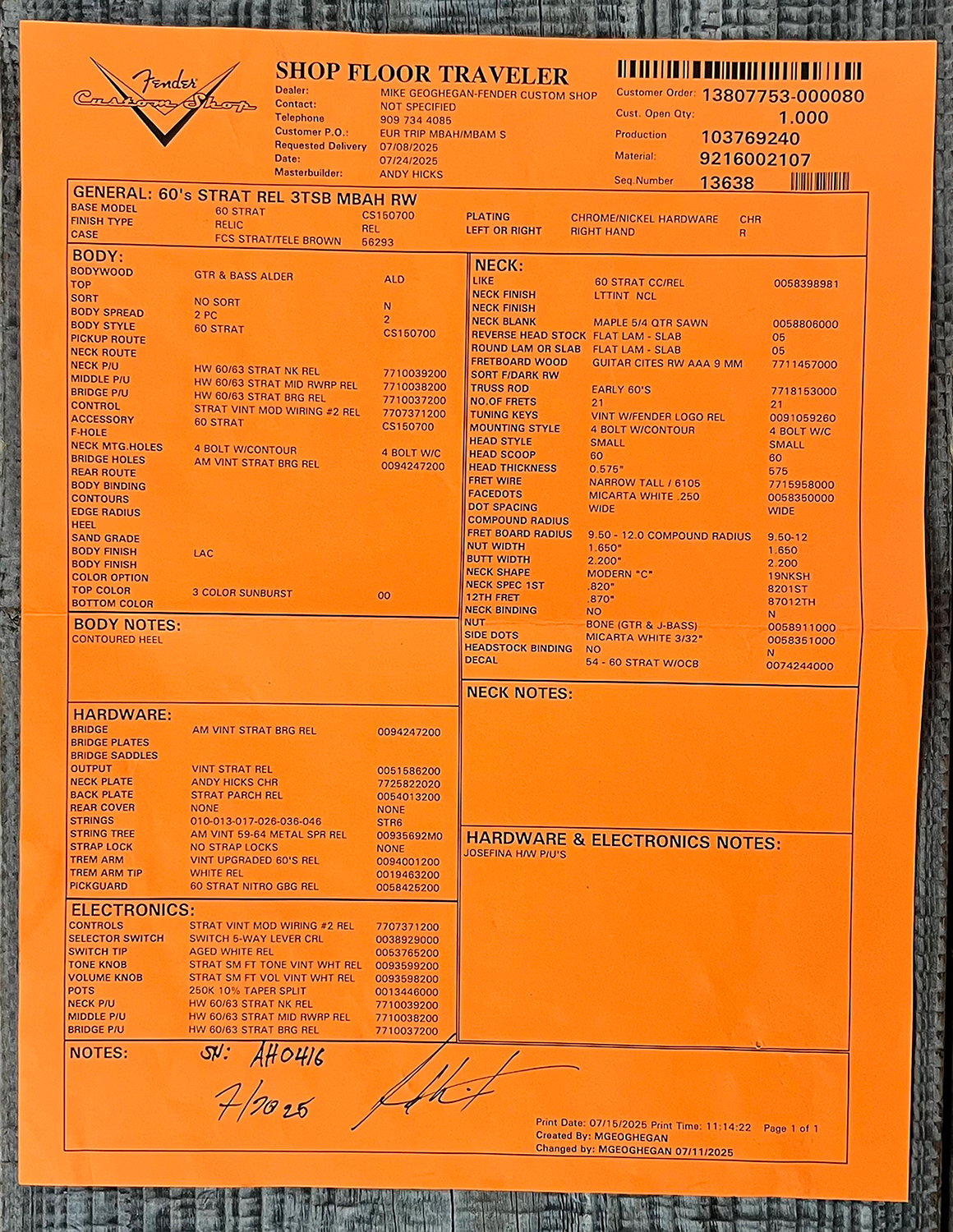 Fender Custom Shop Strat 60s Mb A.hicks 3s Trem Rw #4681 #ah0416 - Relic 3-color Sunburst - E-Gitarre in Str-Form - Variation 13