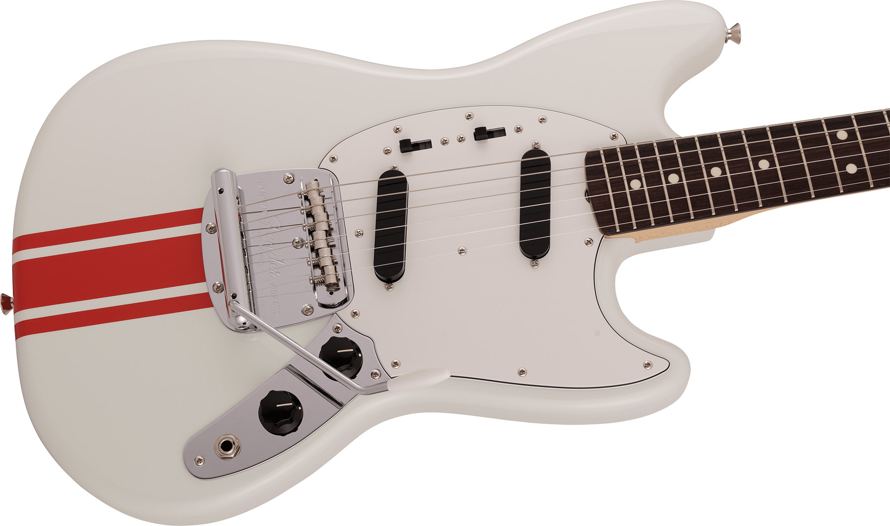 Fender Mustang Traditional 60s Mij Jap 2s Trem Rw - Olympic White W/ Red Competition Stripe - Retro-Rock-E-Gitarre - Variation 2