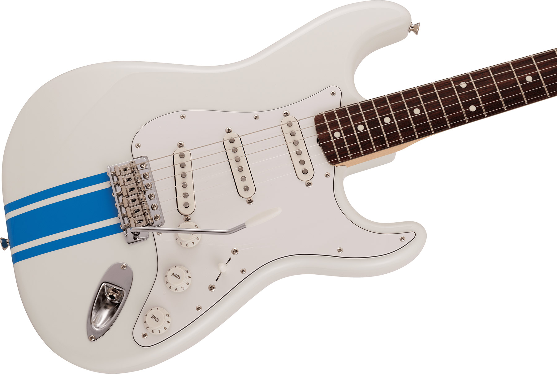 Fender Strat Traditional 60s Mij Jap 3s Trem Rw - Olympic White W/ Blue Competition Stripe - E-Gitarre in Str-Form - Variation 2