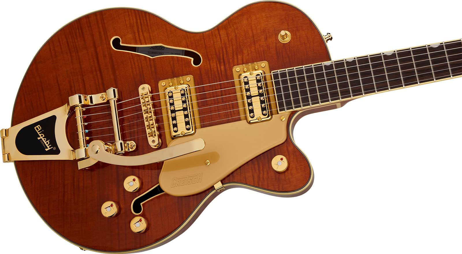 Gretsch Broadkaster Jr Flame Okoume Dc Bigsby Electromatic 2h Trem Rw - Roundup Orange Stain - Semi-Hollow E-Gitarre - Variation 2