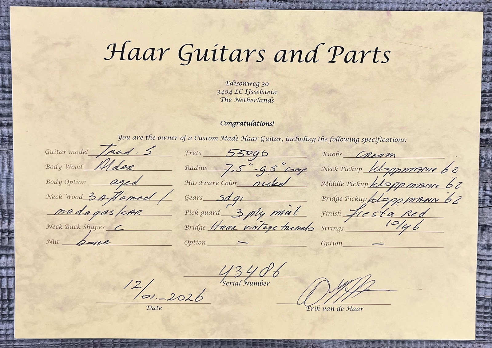 Haar Guitars Trad S 3s Klopppmann Trem Rw #43486 - Aged Fiesta Red - E-Gitarre in Str-Form - Variation 11