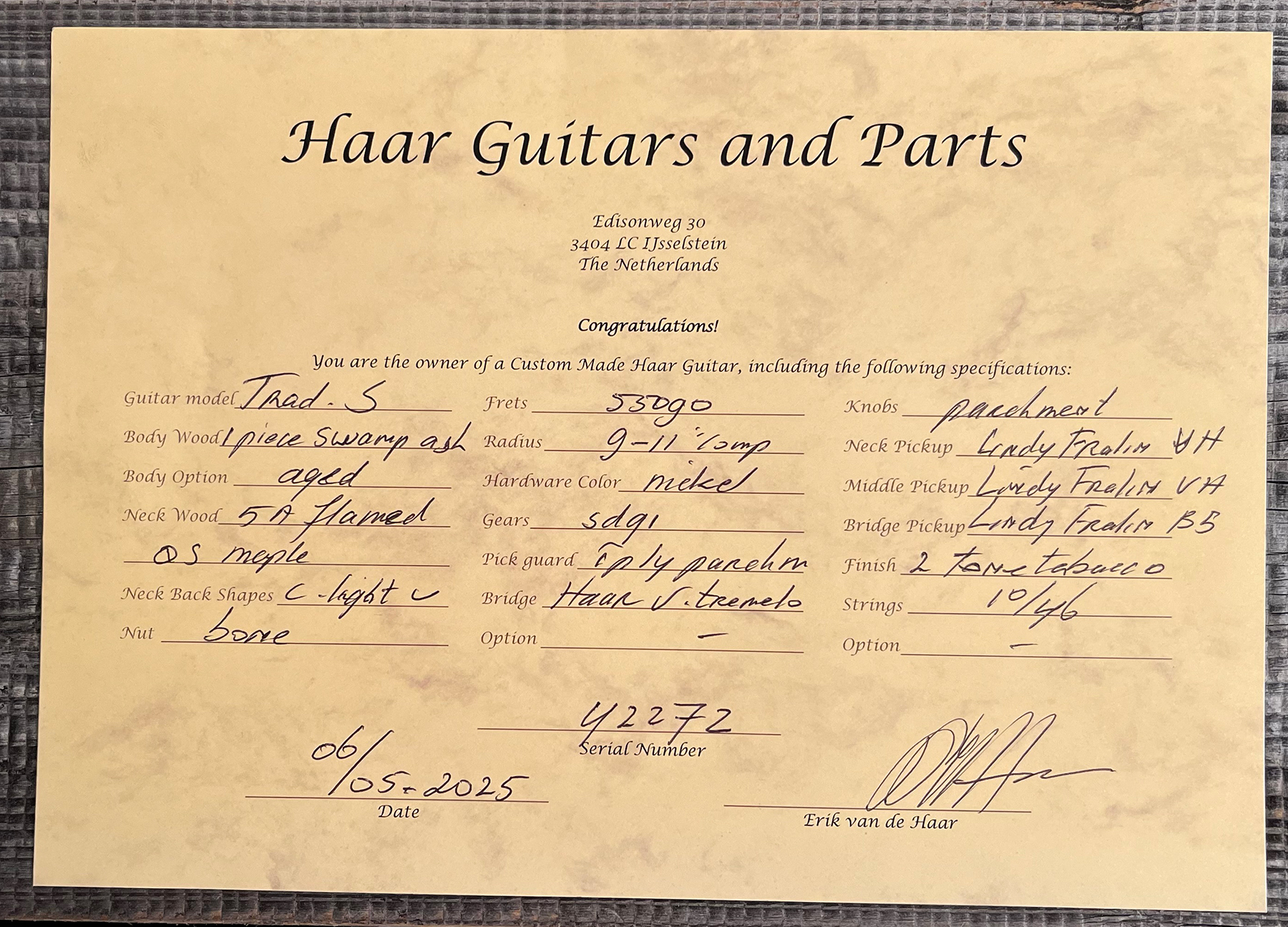 Haar Guitars Trad S 3s Lindy Fralin Trem Mn #42272 - Aged 2-tone Tobacco - E-Gitarre in Str-Form - Variation 13