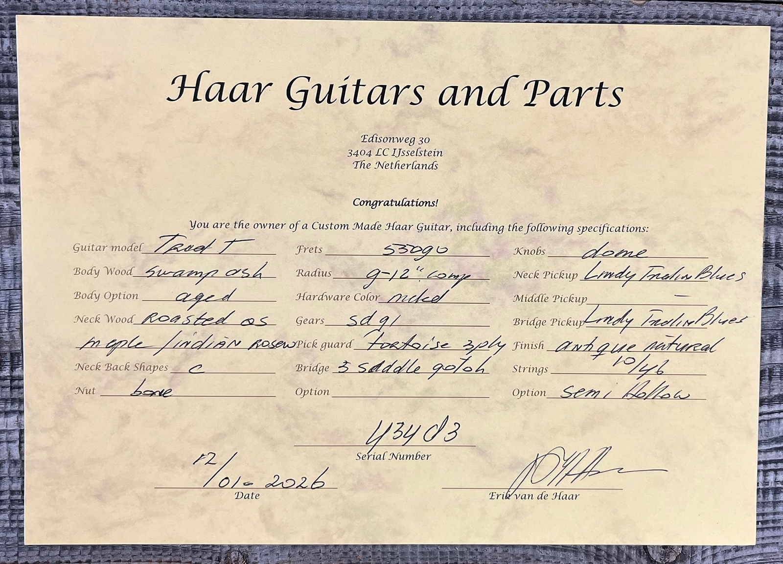 Haar Guitars Trad T Thinline 2s Lindy Fralin Rw #43483 - Aged Antique Natural - E-Gitarre in Teleform - Variation 11