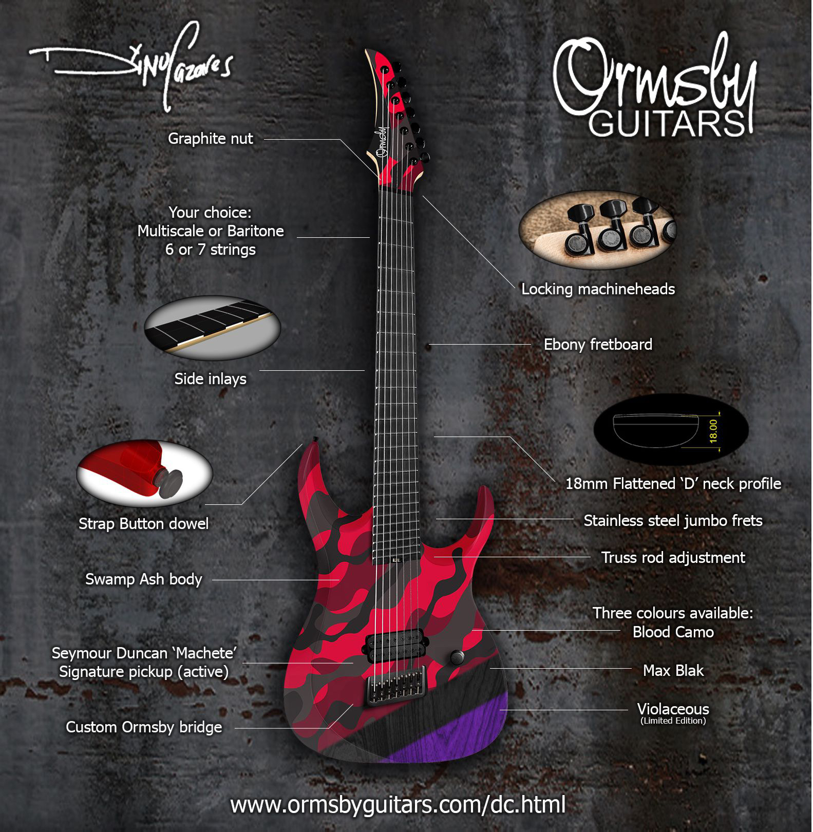 Ormsby Dino Cazares Dc Gtr 7c Signature Baritone H Seymour Duncan Ht Eb - Red Camo - 7-saitige E-Gitarre - Variation 5