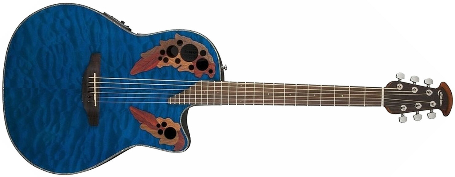 Ovation Ce44p-8tq Celebrity Elite Plus Mid Depth Cw Erable Lyrachord Rw - Trans Blue - Elektroakustische Gitarre - Main picture