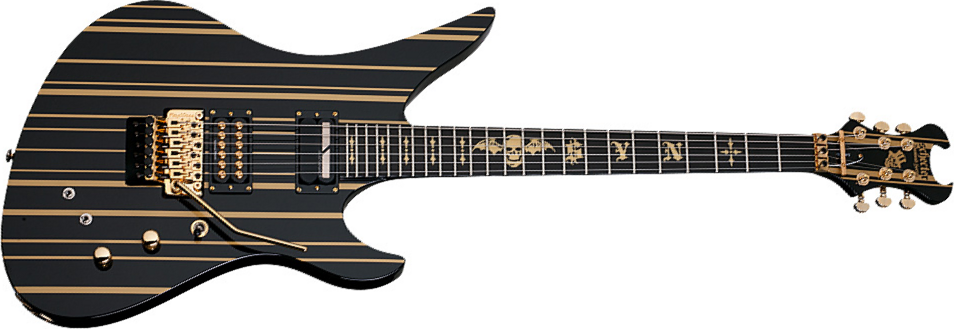 Schecter Synyster Custom-s 2h Seymour Duncan Sustainiac Fr Eb - Black W/ Gold Stripes - Signature-E-Gitarre - Main picture