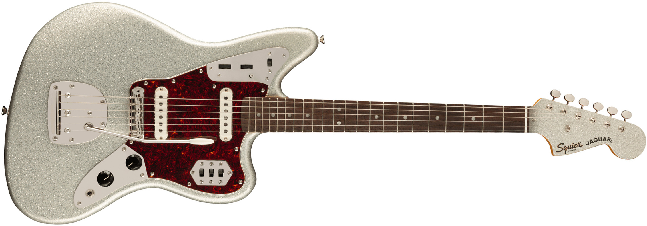 Squier Jaguar 60s Classic Vibe Fsr Ltd 2s Trem Lau - Silver Sparkle Matching Headstock - Retro-Rock-E-Gitarre - Main picture