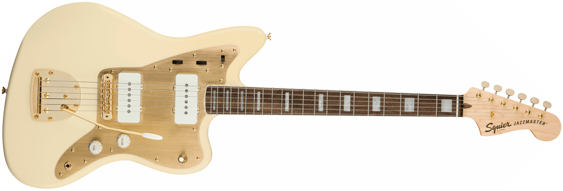 Squier Jazzmaster 40th Anniversary Gold Edition Lau - Olympic White - Retro-Rock-E-Gitarre - Main picture