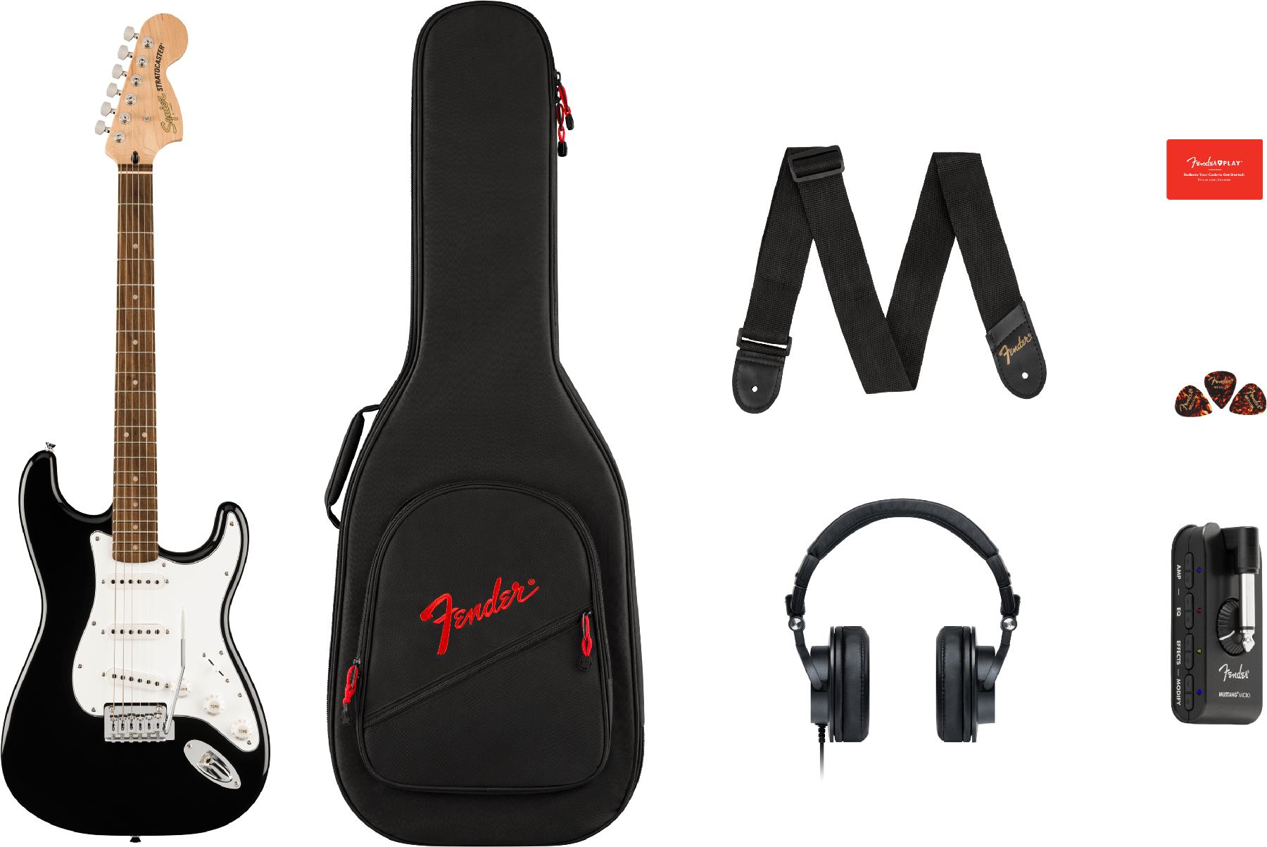 Squier Strat Affinity + Mustang Micro Pack 3s Trem Lau - Black - E-Gitarre Set - Main picture