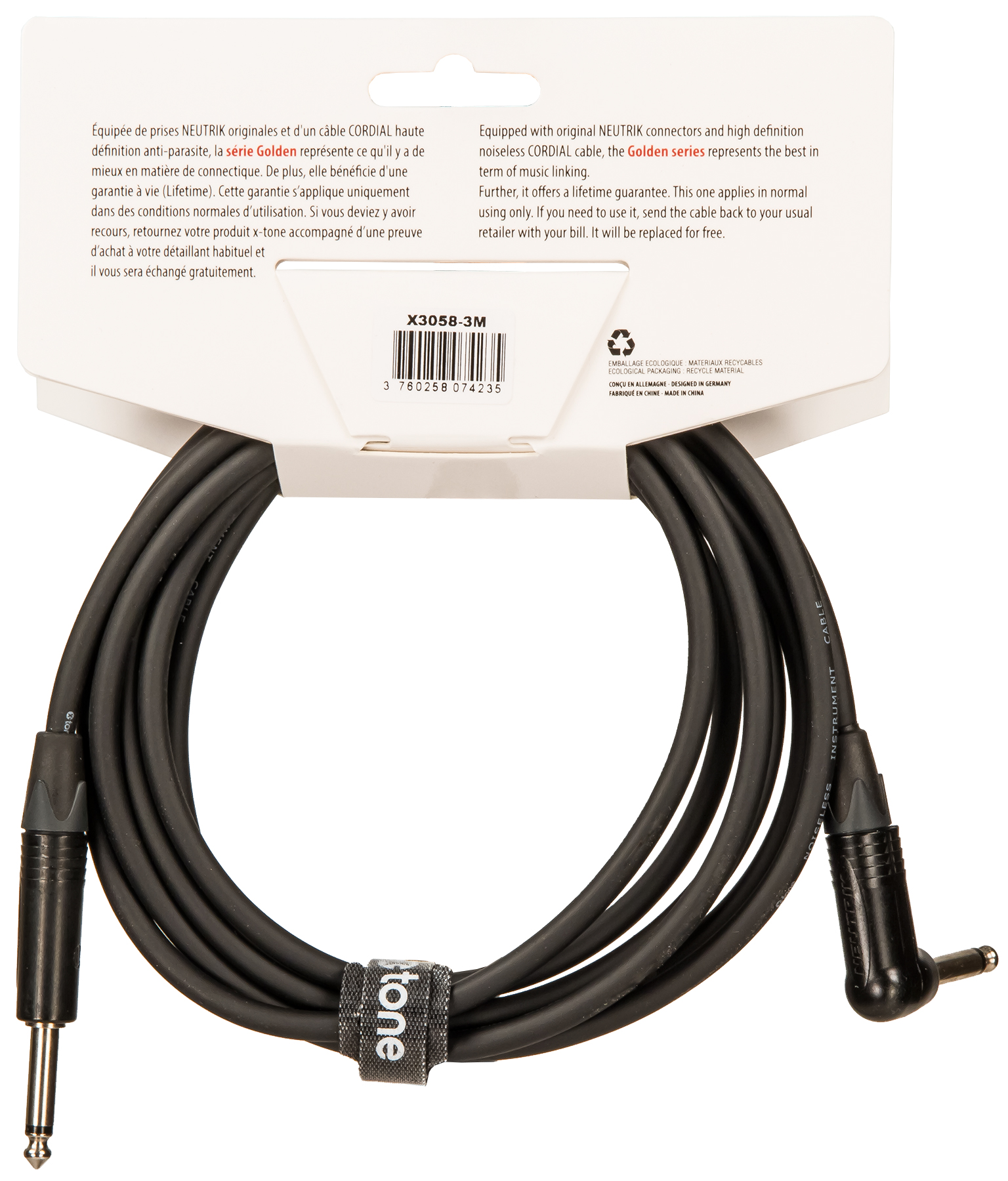 X-tone X3058-3m Instrument Cable Golden Neutrik Droit/coude 3m - Kabel - Variation 1