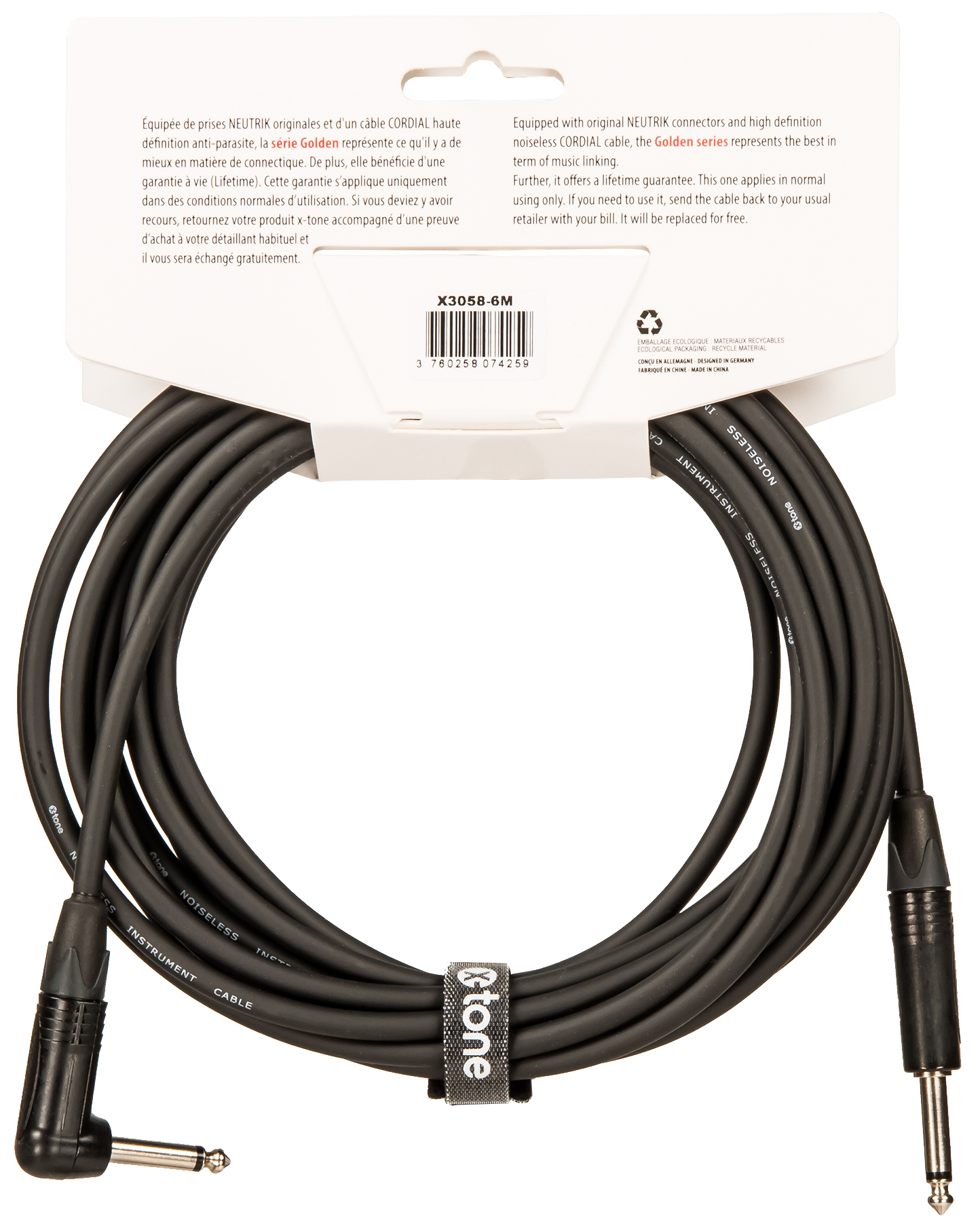 X-tone X3058-6m Instrument Cable Golden Series Neutrik Droit/coude 6m - Kabel - Variation 2