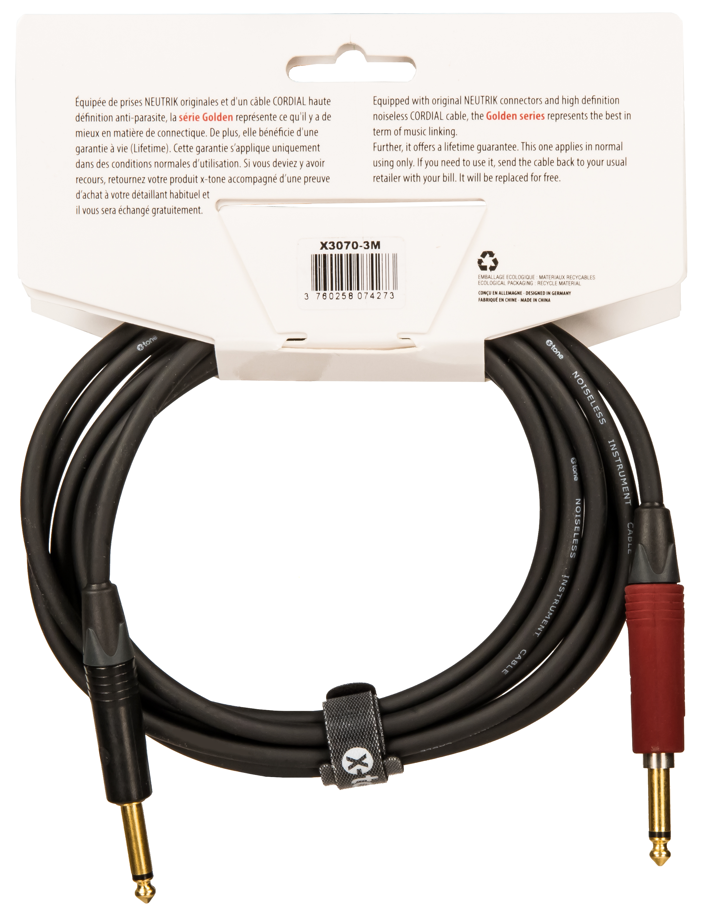 X-tone X3070-3m Instrument Cable Golden Neutrik Silent Droit/droit 3m - Kabel - Variation 1