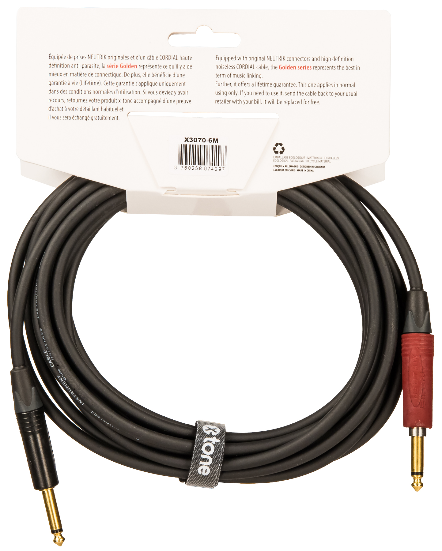 X-tone X3070-6m Instrument Cable Golden Neutrik Silent Droit/droit 6m - Kabel - Variation 1