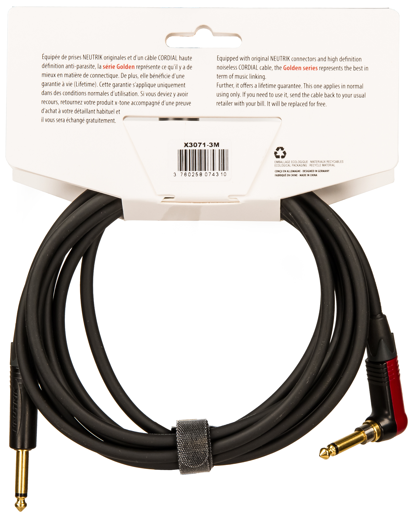 X-tone X3071-3 Instrument Cable Golden Neutrik Silent Droit/coude 3m - Kabel - Variation 1