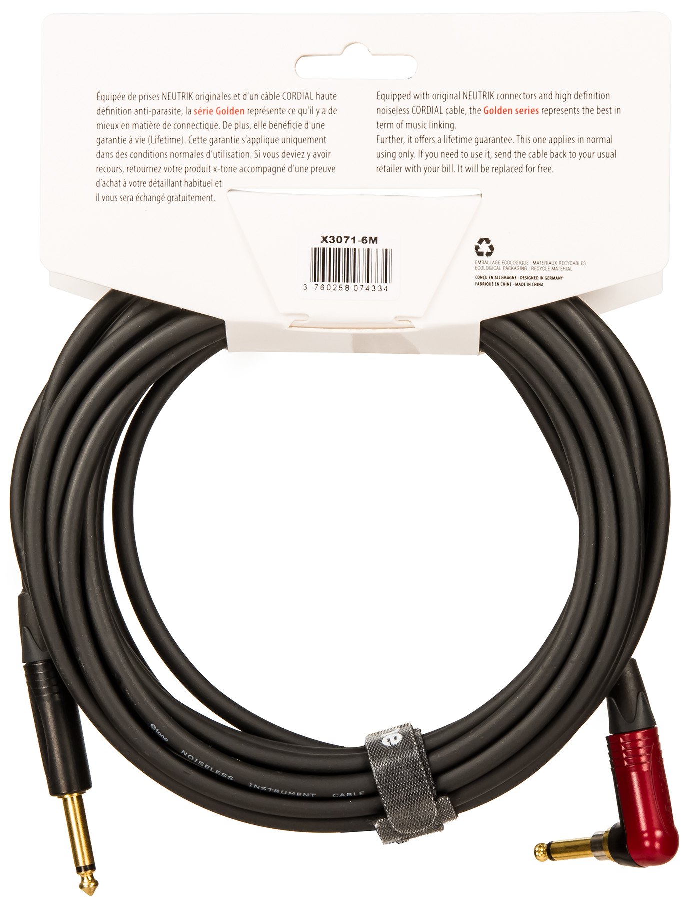 X-tone X3071-6m Instrument Cable Golden Neutrik Silent Droit/coude 6m - Kabel - Variation 1